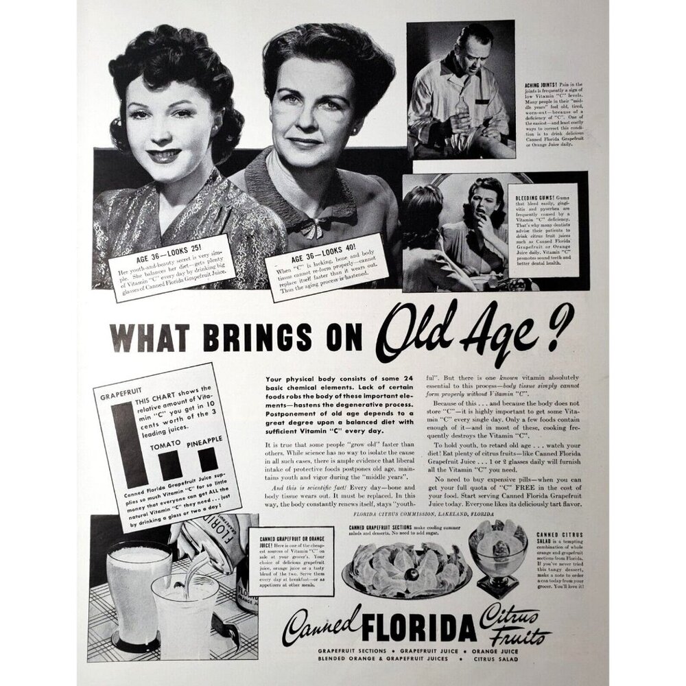 PRINT AD 1943 Canned Florida Citrus Fruits Vitamin C What Brings On Old Age